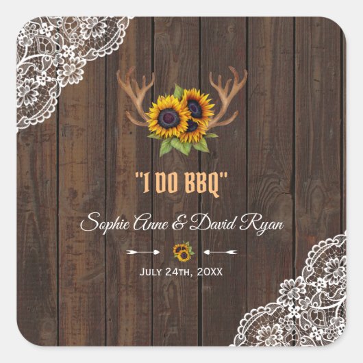 Charm Rustic Sonnenblumen Antlers Wood Lace I DO G Quadratischer Aufkleber (Vorderseite)