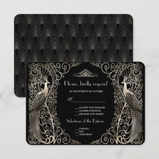 Charm Silver Art Deco Peacocks Wedding RSVP (Vorne/Hinten)
