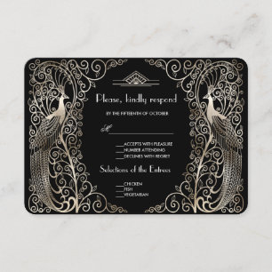 Charm Silver Art Deco Peacocks Wedding RSVP Karte