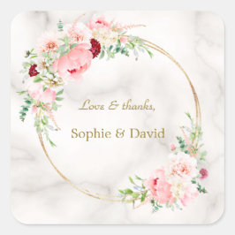 Charm Spring Watercolor Peonies Bloom Gold Wedding Quadratischer Aufkleber