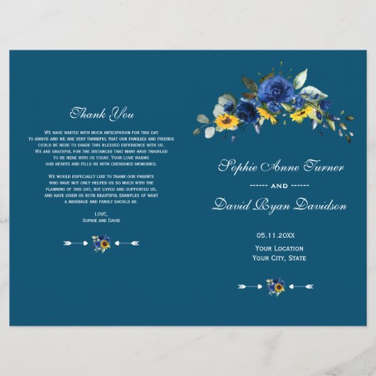 Charm Sunflowers Blue Floral Wedding Program Flyer (Vorne)