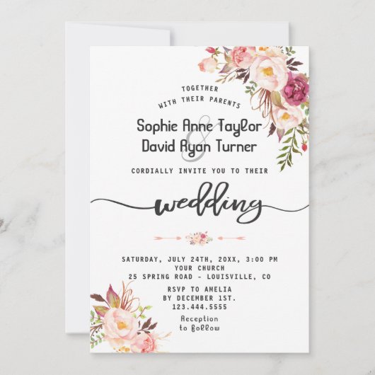 Charm Watercolor Blush Pink Blumenzange Einladung (Vorderseite)