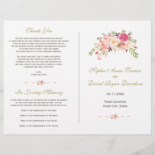 Charm Watercolor Blush Pink Floral Wedding Program Flyer (Vorne)