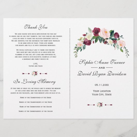 Charm Watercolor Blush Pink Floral Wedding Program Flyer (Vorne)