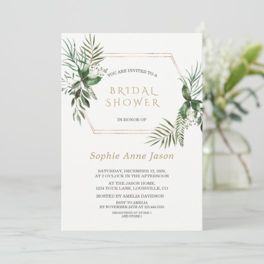 Charm Watercolor Greenery Gold Frame Brautparty Einladung (Stehend Vorderseite)