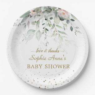 Charm Watercolor Greenery Pink Floral Baby Dusche Pappteller