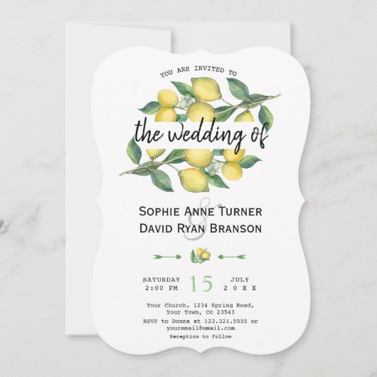 Charm Watercolor Lemon Tropische Hochzeit Einladung (Vorderseite)