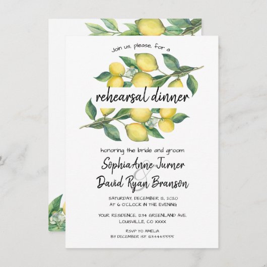 Charm Watercolor Lemon Tropische Probe Abendessen Einladung (Vorne/Hinten)