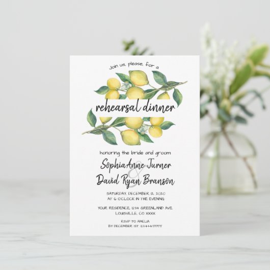 Charm Watercolor Lemon Tropische Probe Abendessen Einladung (Stehend Vorderseite)