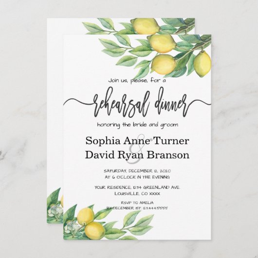 Charm Watercolor Lemon Tropische Probe Abendessen Einladung (Vorne/Hinten)