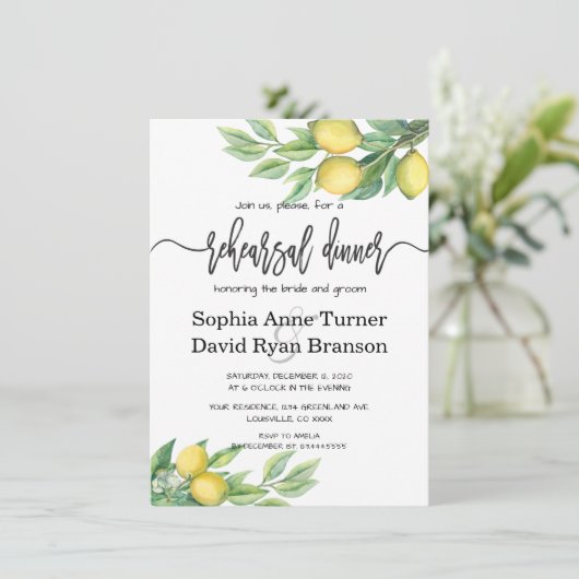 Charm Watercolor Lemon Tropische Probe Abendessen Einladung (Stehend Vorderseite)