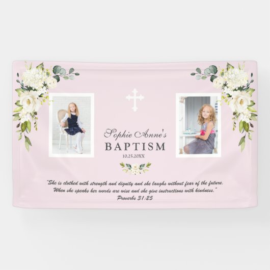 Charm Watercolor White Floral Taufe Girl Foto Banner (Horizontal)