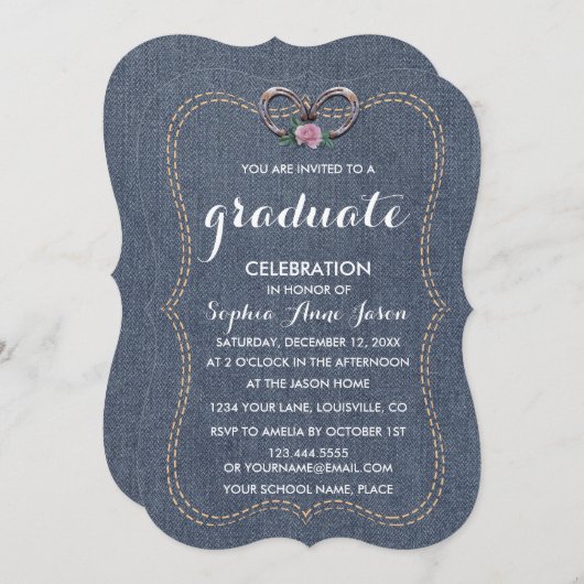 Charm Western Altes Denim Horseshoes ABSCHLUSS Einladung (Vorne/Hinten)