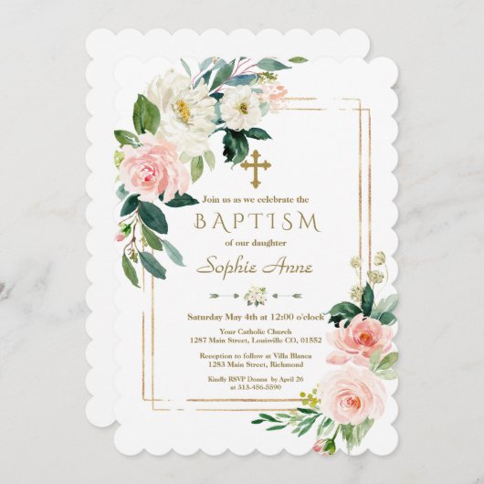 Charm White Blume Bloom Gold Cross Taufen Einladung (Vorne/Hinten)