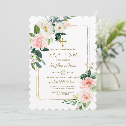 Charm White Blume Bloom Gold Cross Taufen Einladung (Stehend Vorderseite)