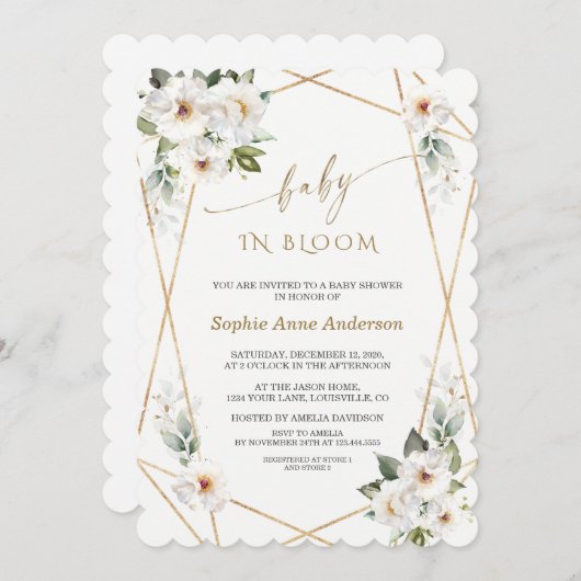 Charm White Blume Rose Gold Baby in Bloom Einladung (Vorne/Hinten)