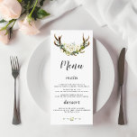 Charm White Cream Blume Antlers Wedding Menükarte<br><div class="desc">Ein rustikales,  Bohemisches Design für besondere,  fast alle Saisonveranstaltungen! Die Einrichtung besteht aus Hirschgeweih,  Aquarell-Weiß,  cremefarbenen Blume-Bouquets,  Pfeilen mit den gleichen Blume und auf der Rückseite Blumenstrauß auf weißem Hintergrund. Verwenden Sie das Tool Personalisieren,  um Ihre Informationen hinzuzufügen. Für mehr,  besuchen Sie bitte meine White Cream Floral Antlers Collection.</div>