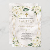 Charm White Floral Spanish Einladung De Bautizo (Vorne/Hinten)