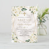 Charm White Floral Spanish Einladung De Bautizo (Stehend Vorderseite)