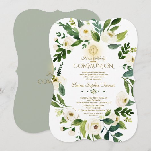 Charm White Floral Wreath Cross Heilige Kommune Einladung (Vorne/Hinten)