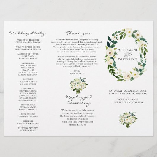 Charm White Floral Wreath Tri+Fold Hochzeitsprogra Flyer (Vorne)