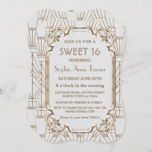 Charm White Gold Great Gatsby Art Deco Sweet 16 Einladung (Vorne/Hinten)