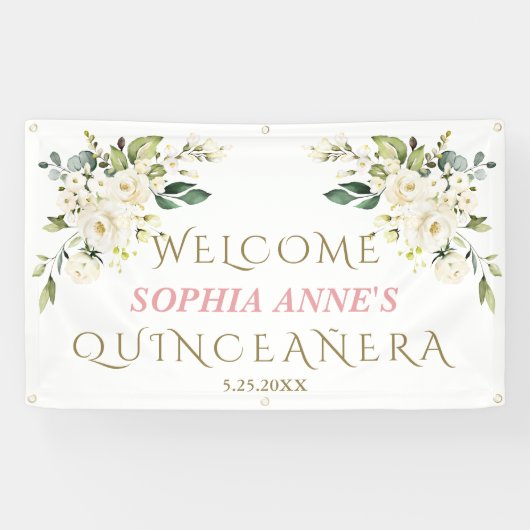 Charm White Ivory Floral Quinceañera Begrüßungszei Banner (Horizontal)