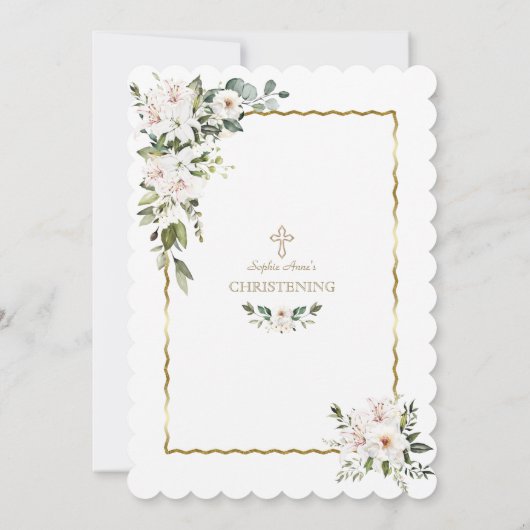 Charm White Lilies Rose Gold Girl Christening Einladung (Rückseite)