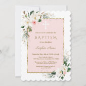 Charm White Magnolia Pink Gold Floral Taufe Einladung (Vorderseite)