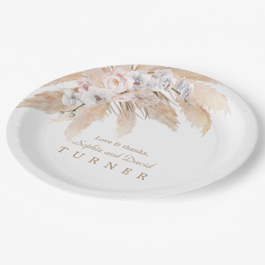 Charm White Orchid Blush Rose Pampas Grass Wedding Pappteller (Schrägansicht)