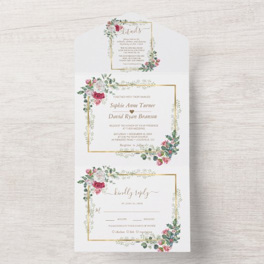 Charm White Red Floral Gold Weihnachtsfeier All In One Einladung (Innen Boden)