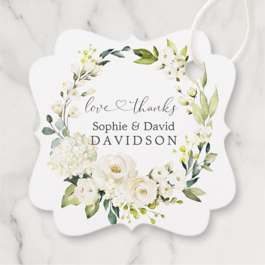Charm White Roses Hydrangea Calligrafy Wedding Geschenkanhänger (Rückseite)