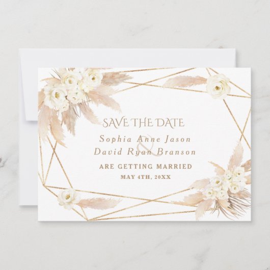 Charm White Roses Pampas Grass Gold Hochzeit Save The Date (Vorderseite)
