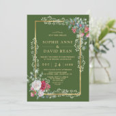 Charm Winter White Red Floral Green Gold Hochzeit Einladung (Stehend Vorderseite)