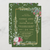 Charm Winter White Red Floral Green Gold Hochzeit Einladung (Vorne/Hinten)