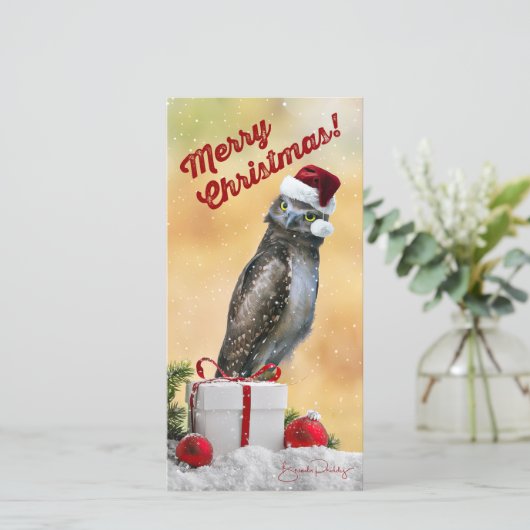 Charmante 4x8 Zoll FLAT Weihnachtskarte mit Eule (Stehend Vorderseite)