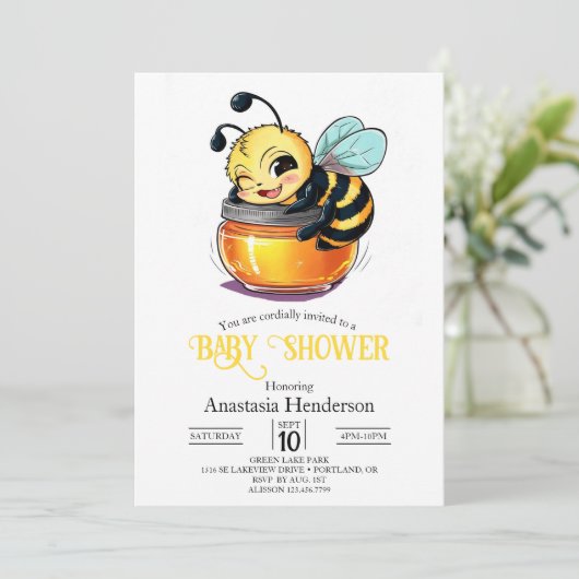 Charmante Bee Baby Dusche Einladung (Stehend Vorderseite)