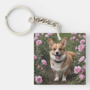 "Charmante Begleitung: Ein Corgi in einem rosa Ros Schlüsselanhänger