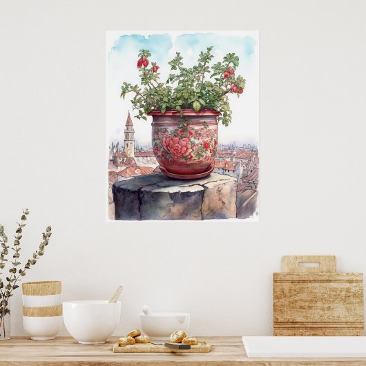 Charmante Blume Pot Wasserfarbe Poster (Küche)