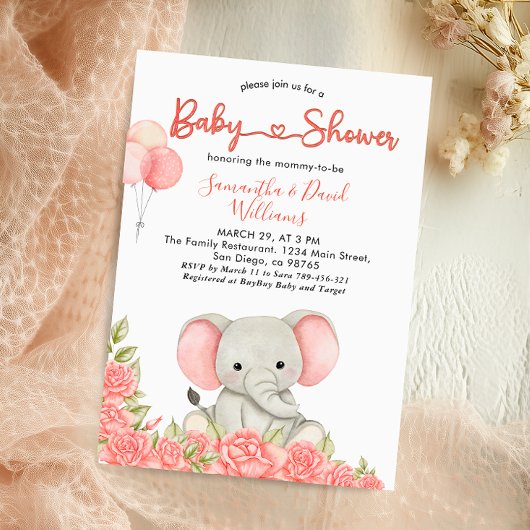 Charmante Blush Elephant Babydusche Einladung
