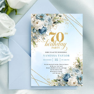 Charmante boho blaue Blumen Goldrahmen 70. Geburts Einladung
