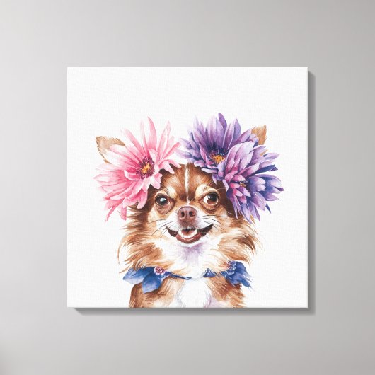 Charmante Chihuahua-Blume Kronenwasserfarbe Print# Leinwanddruck (Vorderseite)