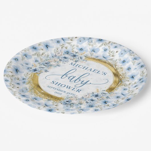 Charmante duckige blaue Blumen Goldbabydusche Pappteller (Schrägansicht)