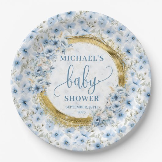 Charmante duckige blaue Blumen Goldbabydusche Pappteller (Vorderseite)