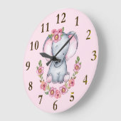 Charmante Elephantin Rosa Blumentierdrucke Groß Große Wanduhr (Winkel)