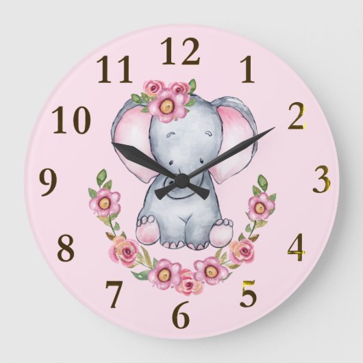 Charmante Elephantin Rosa Blumentierdrucke Groß Große Wanduhr (Vorderseite)