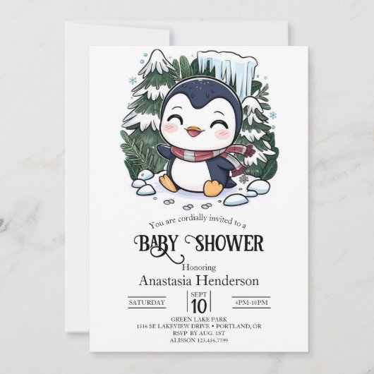 Charmante farbenfrohe Pinguin-Babydusche Einladung (Vorderseite)