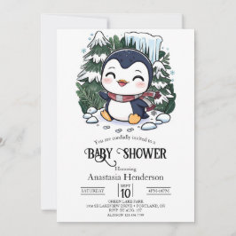 Charmante farbenfrohe Pinguin-Babydusche Einladung