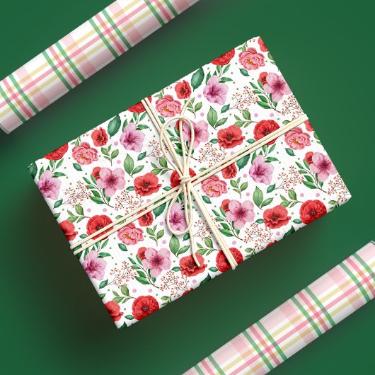 Charmante Frühlingsblüten und rosa Konfetti-Punkte Geschenkpapier Set
