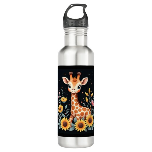 Charmante Giraffe, umgeben von Blume, langen Schlä Edelstahlflasche (Vorderseite)